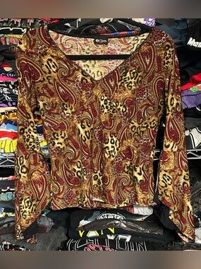 Y2K 2KUHL women's brown velvet paisley cheetah print bell sleeve top, M.